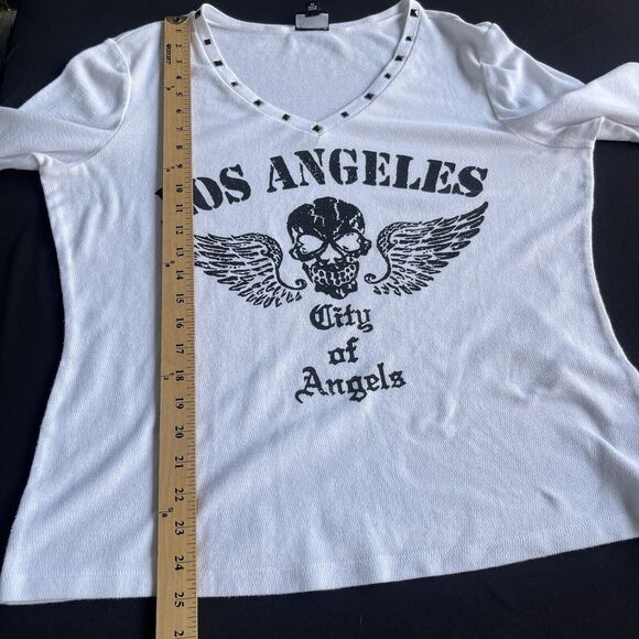 Allen B City of Angels Top Women Extra Large XL Skull Angel Wings Studded V-neck - Picture 10 of 11